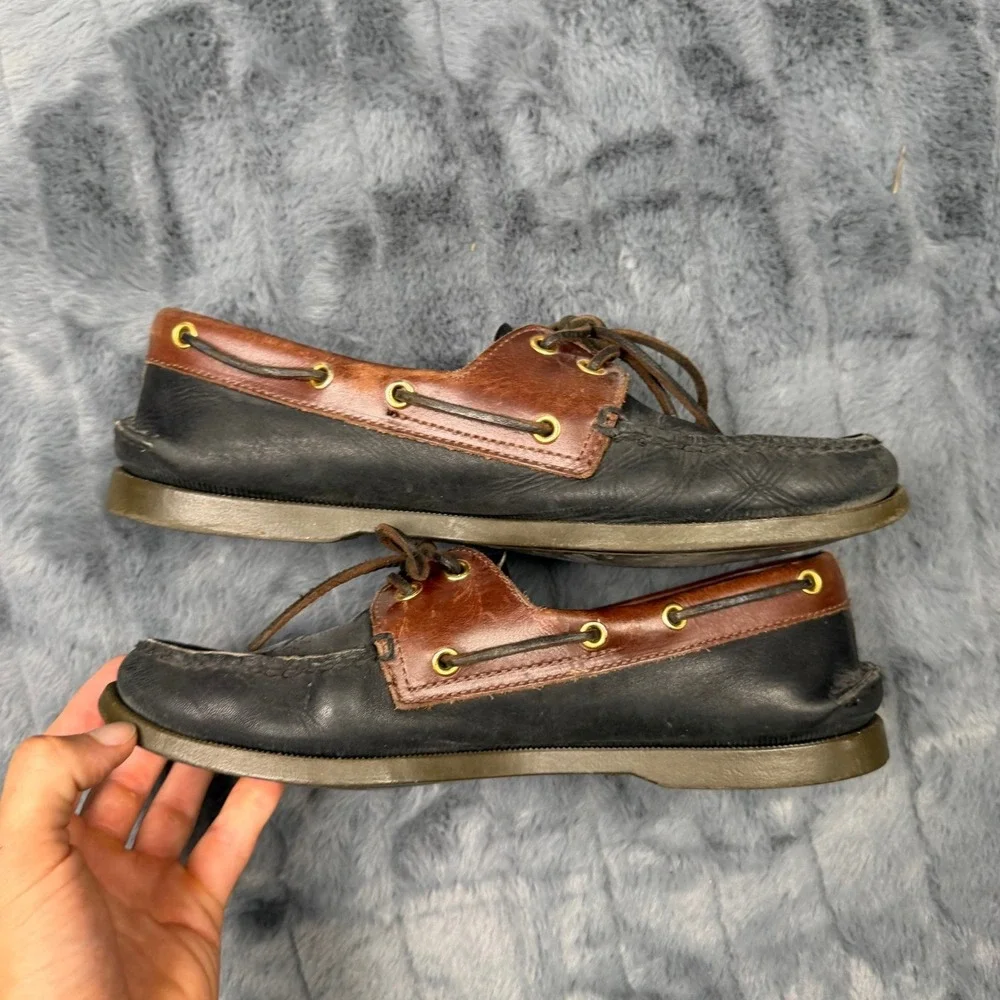 Sperry Top-Sider Authentic Original Mens 10M Black Brown Leather Boat Shoes